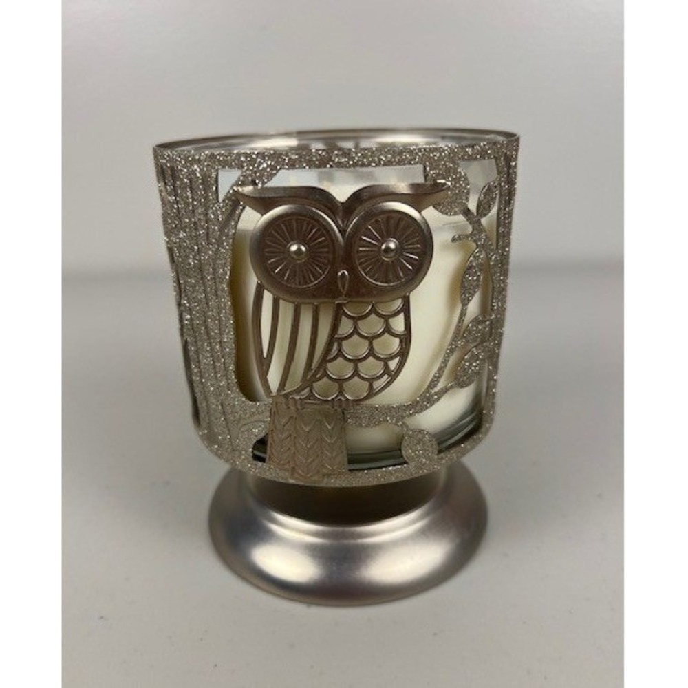 Bath & Body Works Owl Tree 3-Wick Candle Holder Champagne‎ Gold Glitter Pedestal